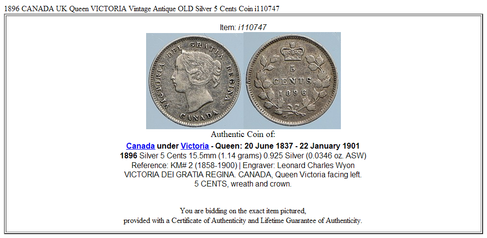 1896 CANADA UK Queen VICTORIA Vintage Antique OLD Silver 5 Cents Coin i110747