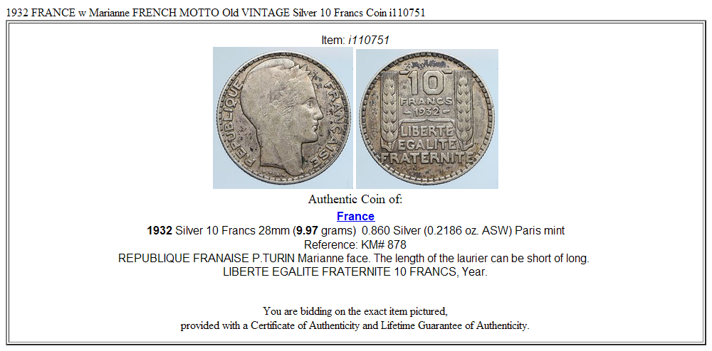 1932 FRANCE w Marianne FRENCH MOTTO Old VINTAGE Silver 10 Francs Coin i110751