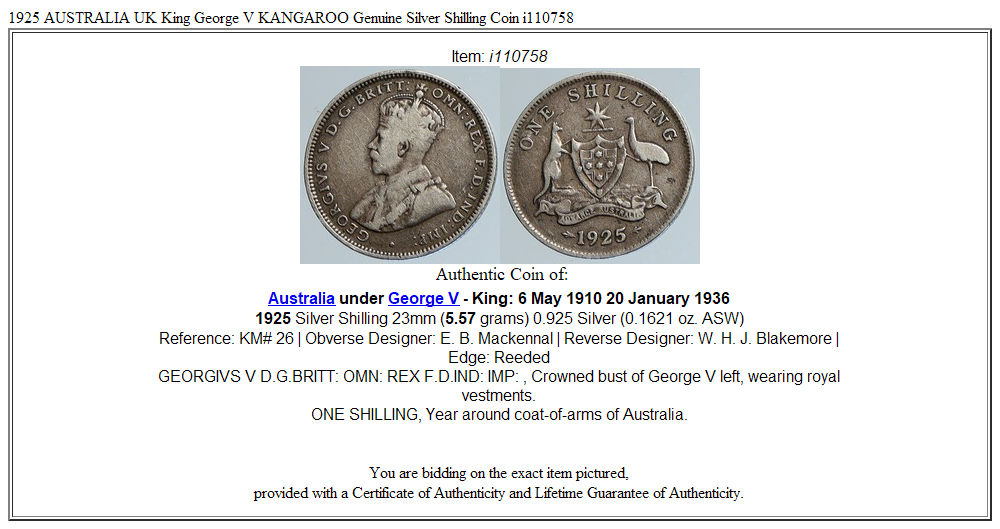 1925 AUSTRALIA UK King George V KANGAROO Genuine Silver Shilling Coin i110758