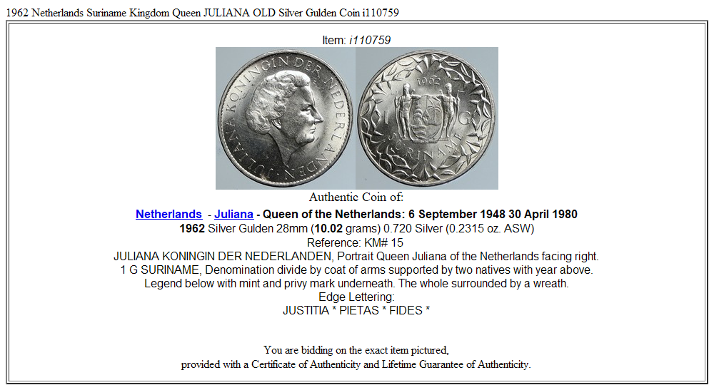 1962 Netherlands Suriname Kingdom Queen JULIANA OLD Silver Gulden Coin i110759