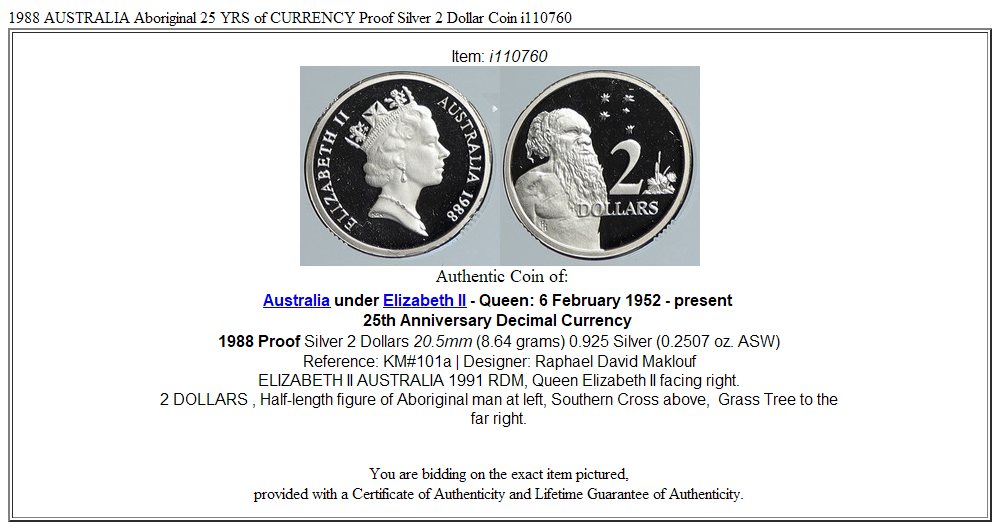 1988 AUSTRALIA Aboriginal 25 YRS of CURRENCY Proof Silver 2 Dollar Coin i110760