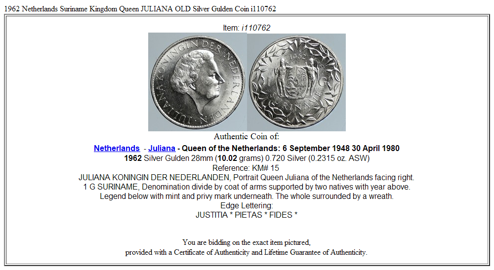 1962 Netherlands Suriname Kingdom Queen JULIANA OLD Silver Gulden Coin i110762