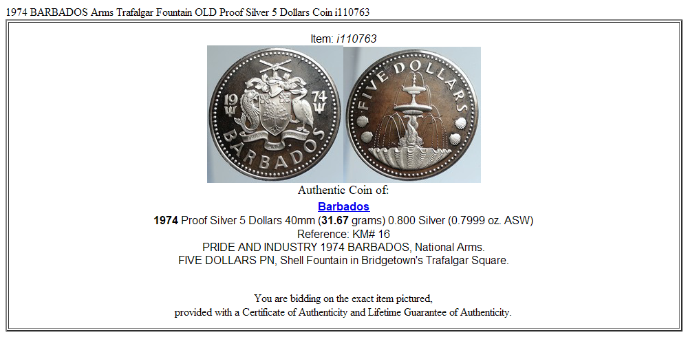 1974 BARBADOS Arms Trafalgar Fountain OLD Proof Silver 5 Dollars Coin i110763