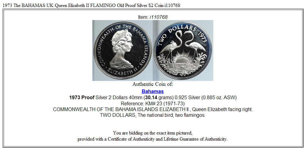 1973 The BAHAMAS UK Queen Elizabeth II FLAMINGO Old Proof Silver $2 Coin i110768