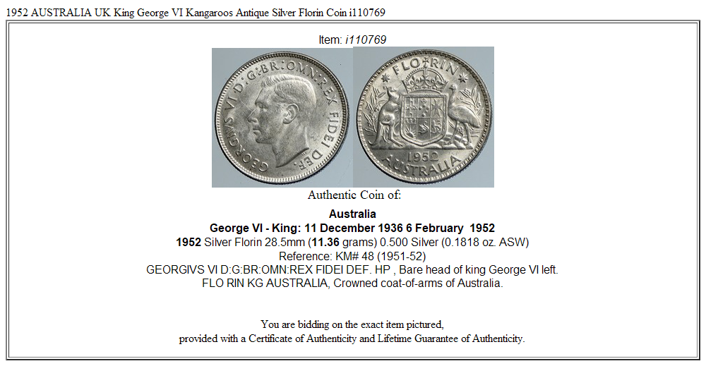 1952 AUSTRALIA UK King George VI Kangaroos Antique Silver Florin Coin i110769