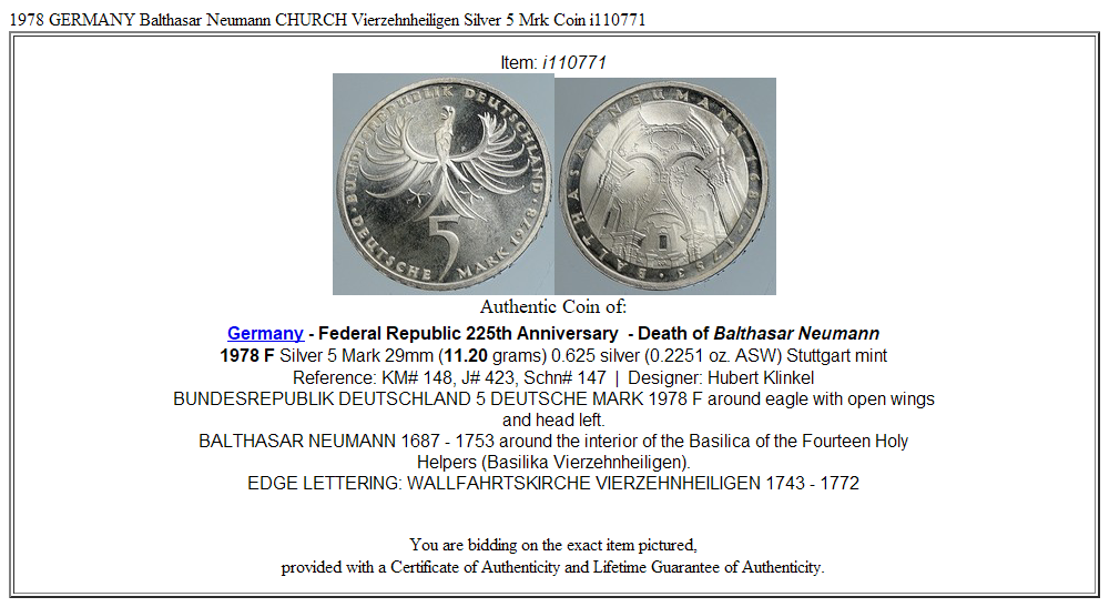 1978 GERMANY Balthasar Neumann CHURCH Vierzehnheiligen Silver 5 Mrk Coin i110771