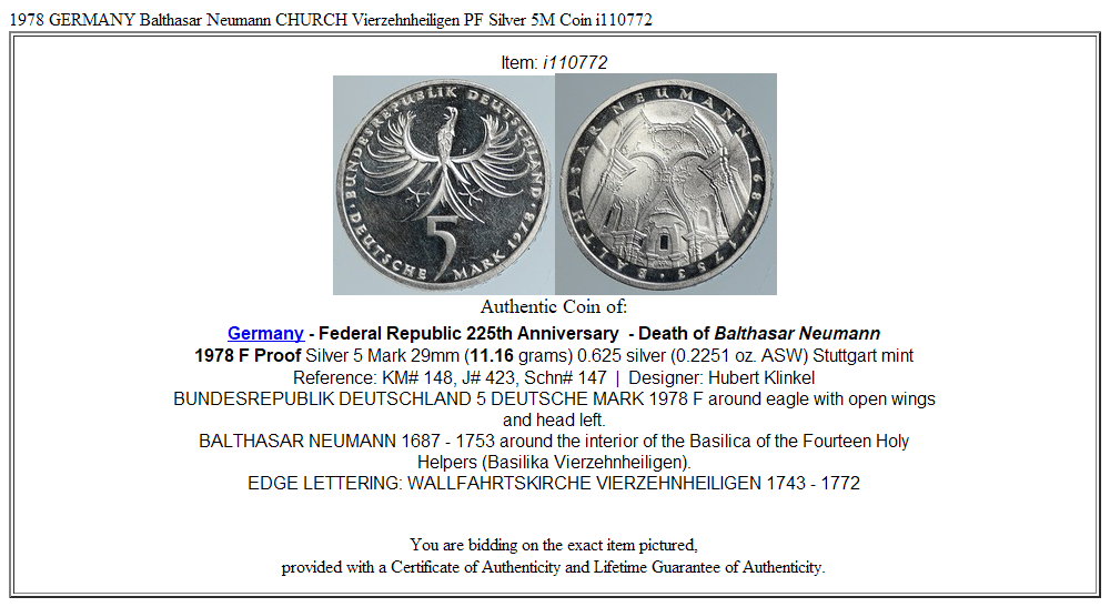 1978 GERMANY Balthasar Neumann CHURCH Vierzehnheiligen PF Silver 5M Coin i110772