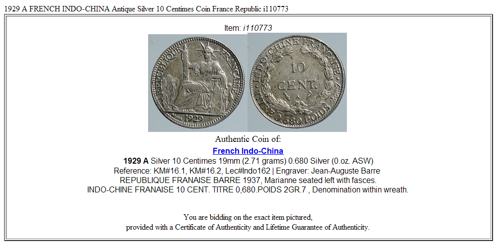 1929 A FRENCH INDO-CHINA Antique Silver 10 Centimes Coin France Republic i110773