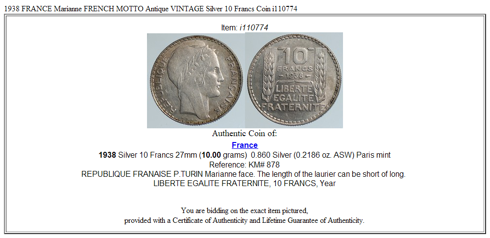 1938 FRANCE Marianne FRENCH MOTTO Antique VINTAGE Silver 10 Francs Coin i110774