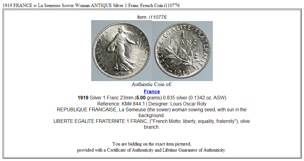 1919 FRANCE w La Semeuse Sower Woman ANTIQUE Silver 1 Franc French Coin i110776