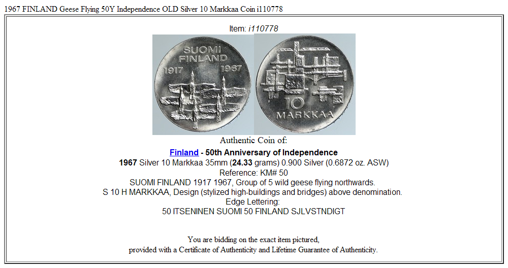 1967 FINLAND Geese Flying 50Y Independence OLD Silver 10 Markkaa Coin i110778