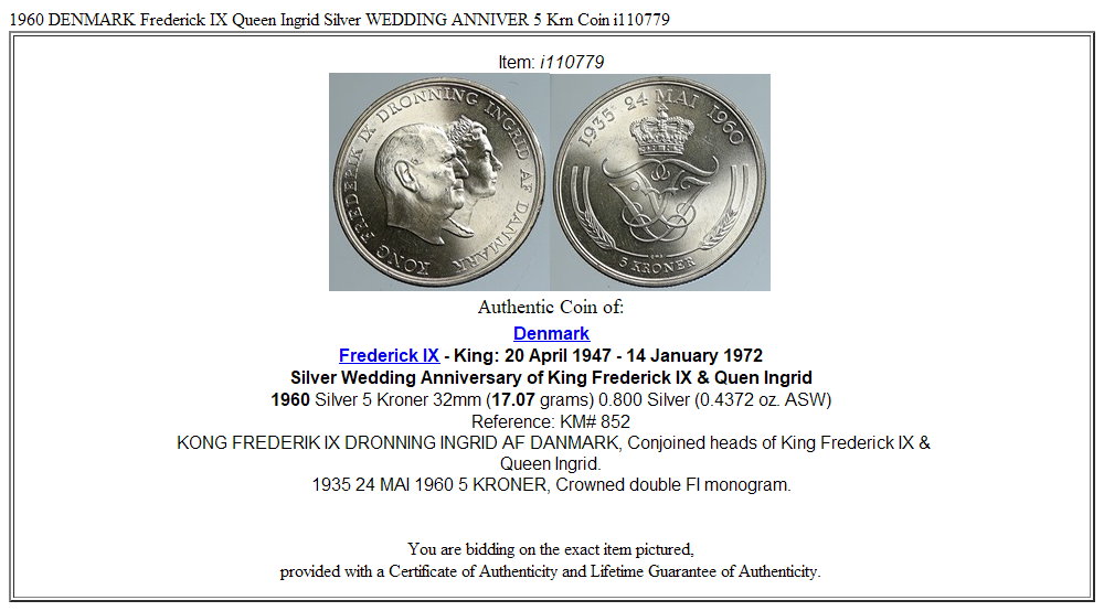 1960 DENMARK Frederick IX Queen Ingrid Silver WEDDING ANNIVER 5 Krn Coin i110779