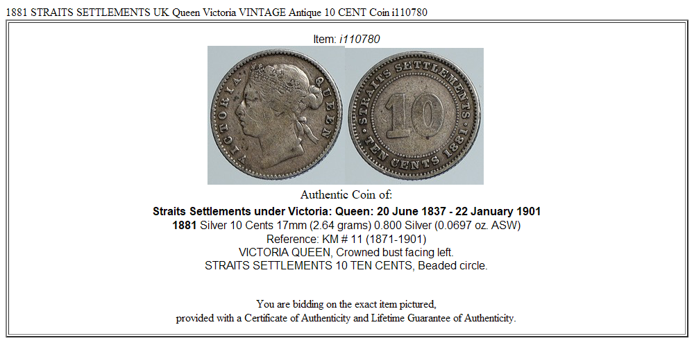 1881 STRAITS SETTLEMENTS UK Queen Victoria VINTAGE Antique 10 CENT Coin i110780