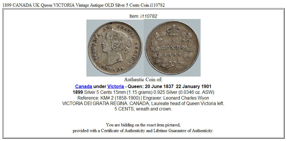 1899 CANADA UK Queen VICTORIA Vintage Antique OLD Silver 5 Cents Coin i110782