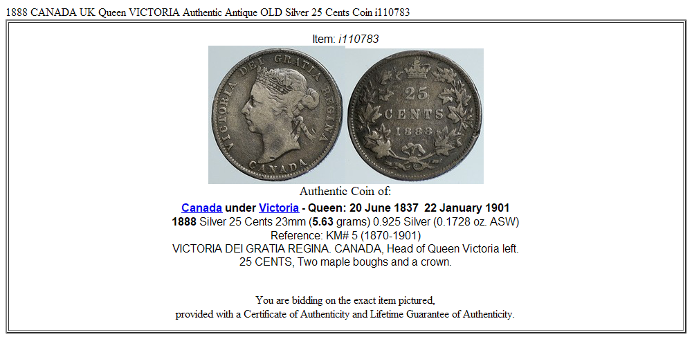 1888 CANADA UK Queen VICTORIA Authentic Antique OLD Silver 25 Cents Coin i110783