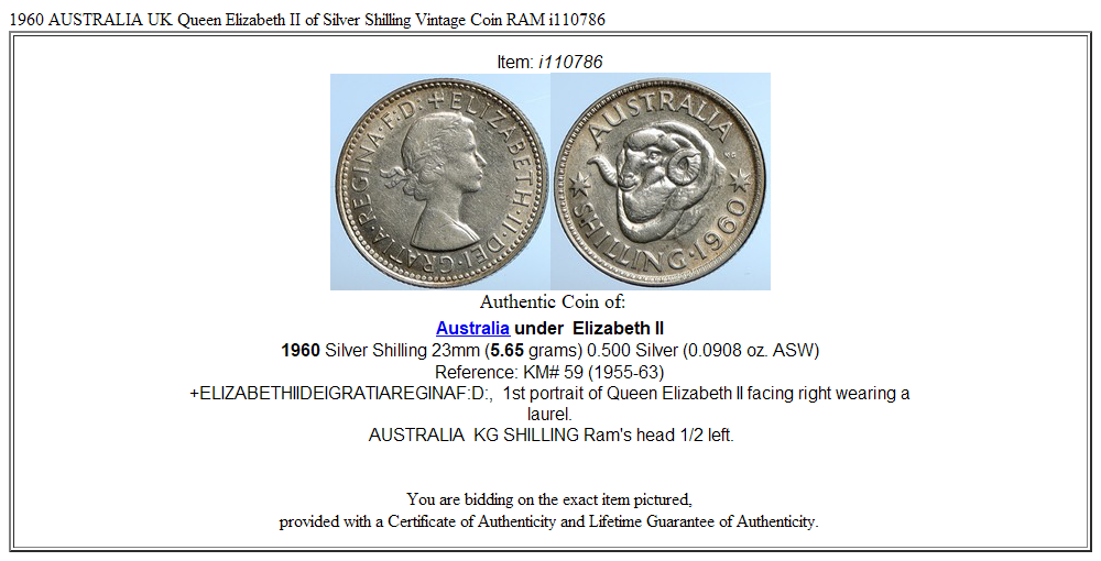 1960 AUSTRALIA UK Queen Elizabeth II of Silver Shilling Vintage Coin RAM i110786