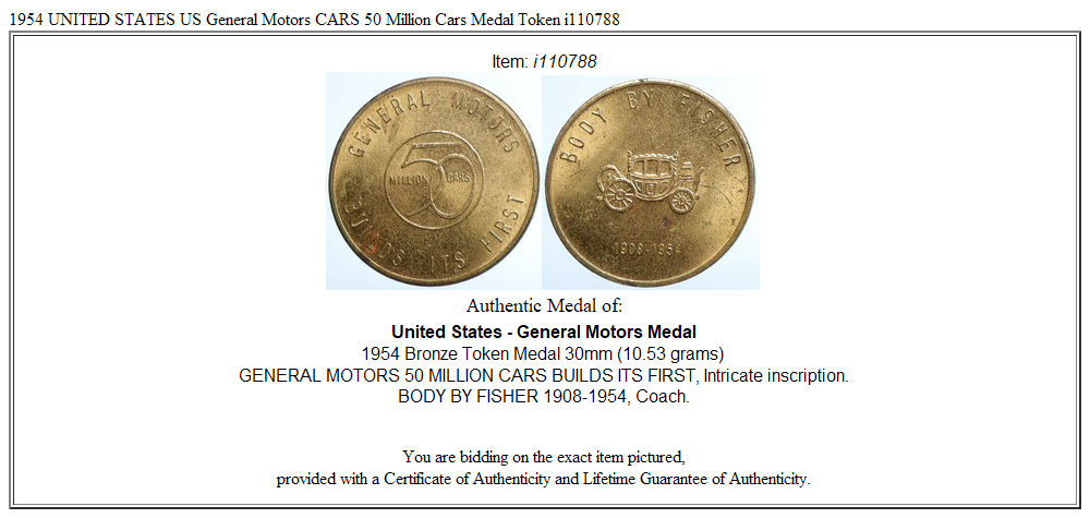 1954 UNITED STATES US General Motors CARS 50 Million Cars Medal Token i110788