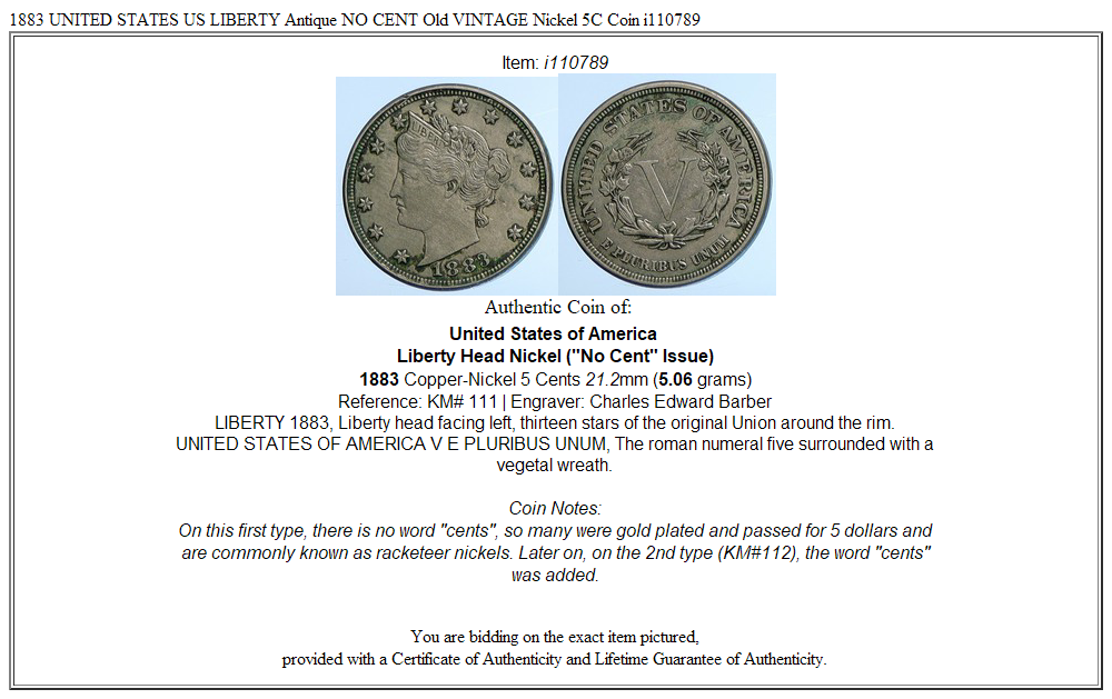 1883 UNITED STATES US LIBERTY Antique NO CENT Old VINTAGE Nickel 5C Coin i110789