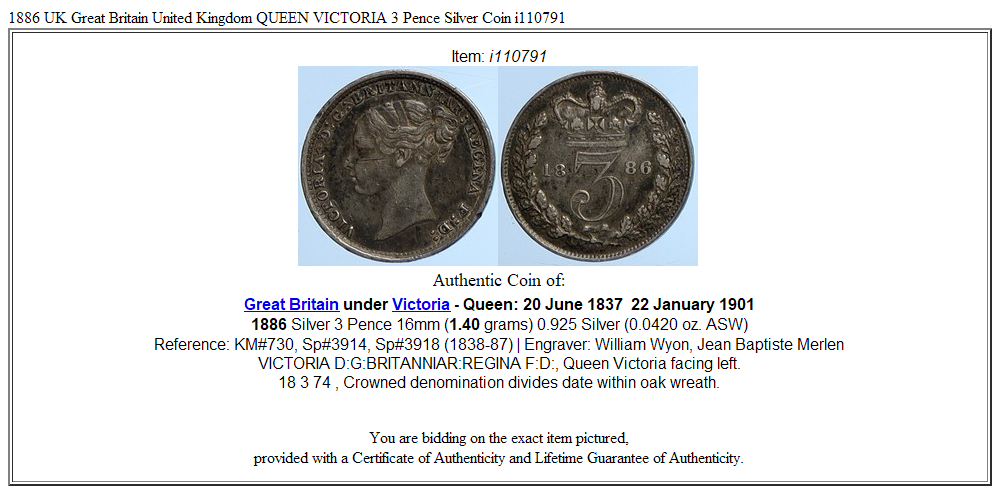 1886 UK Great Britain United Kingdom QUEEN VICTORIA 3 Pence Silver Coin i110791