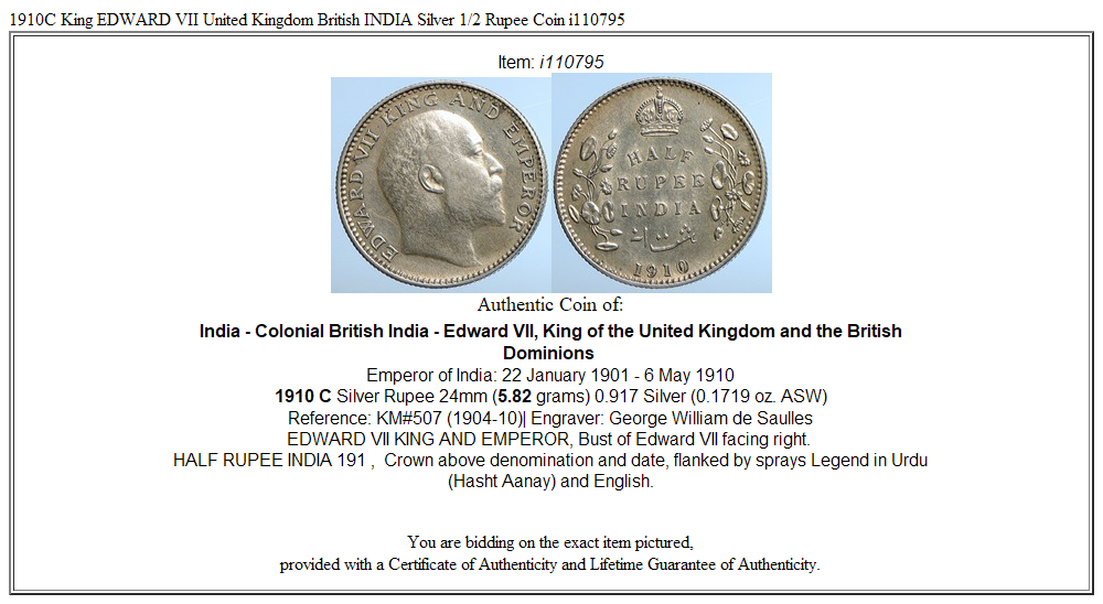 1910C King EDWARD VII United Kingdom British INDIA Silver 1/2 Rupee Coin i110795