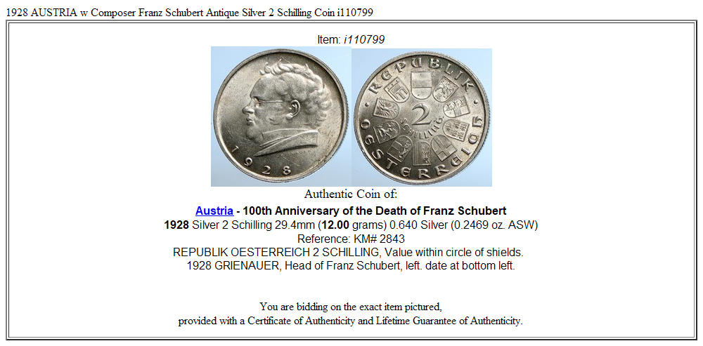 1928 AUSTRIA w Composer Franz Schubert Antique Silver 2 Schilling Coin i110799