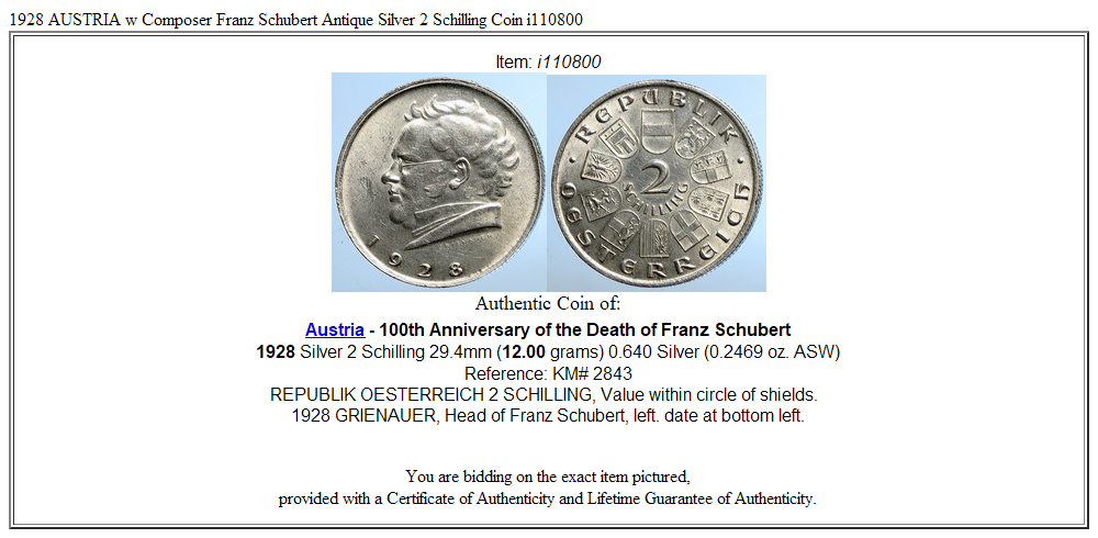 1928 AUSTRIA w Composer Franz Schubert Antique Silver 2 Schilling Coin i110800