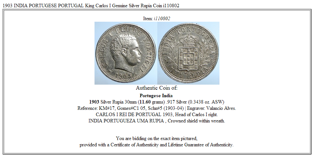 1903 INDIA PORTUGESE PORTUGAL King Carlos I Genuine Silver Rupia Coin i110802