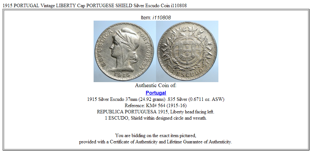 1915 PORTUGAL Vintage LIBERTY Cap PORTUGESE SHIELD Silver Escudo Coin i110808