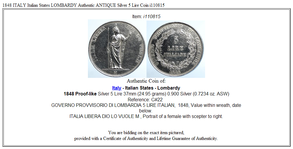 1848 ITALY Italian States LOMBARDY Authentic ANTIQUE Silver 5 Lire Coin i110815