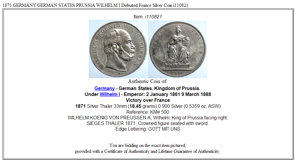 1871 GERMANY GERMAN STATES PRUSSIA WILHELM I Defeated France Silver Coin i110821