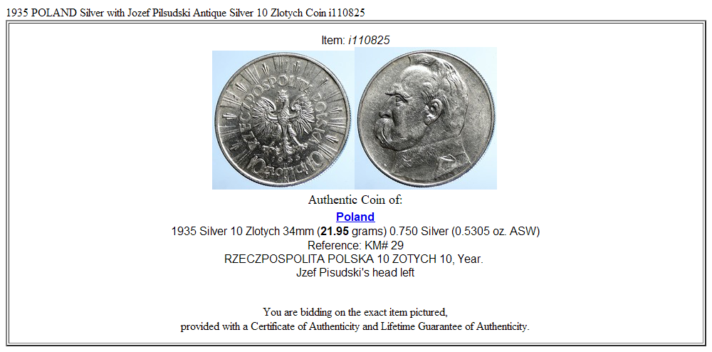 1935 POLAND Silver with Jozef Pilsudski Antique Silver 10 Zlotych Coin i110825