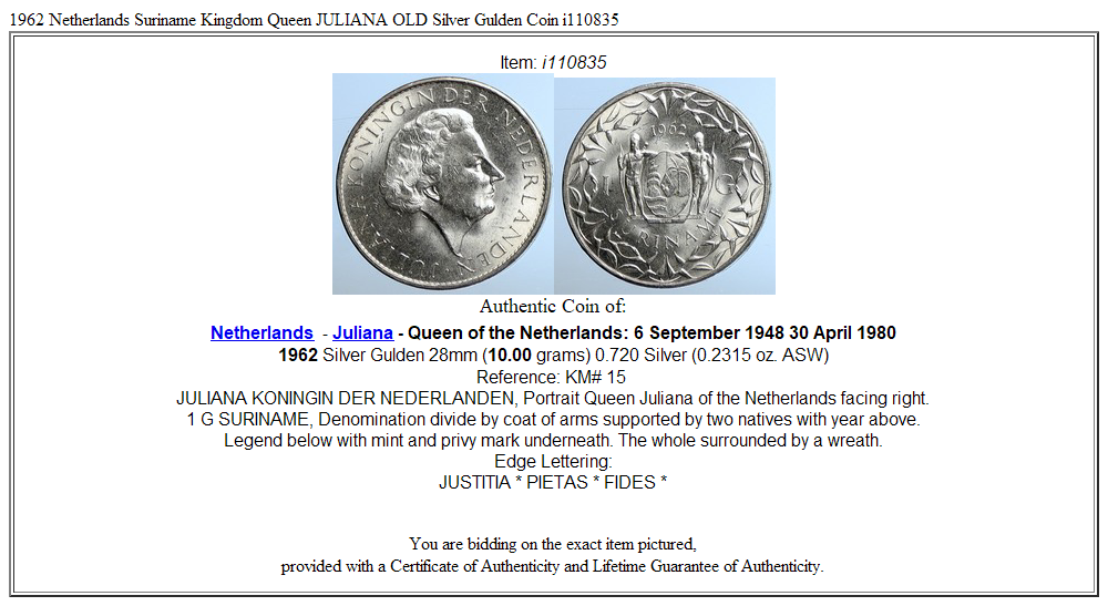 1962 Netherlands Suriname Kingdom Queen JULIANA OLD Silver Gulden Coin i110835