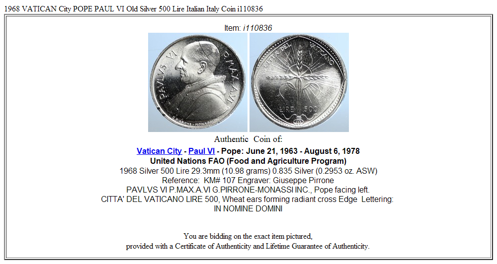 1968 VATICAN City POPE PAUL VI Old Silver 500 Lire Italian Italy Coin i110836