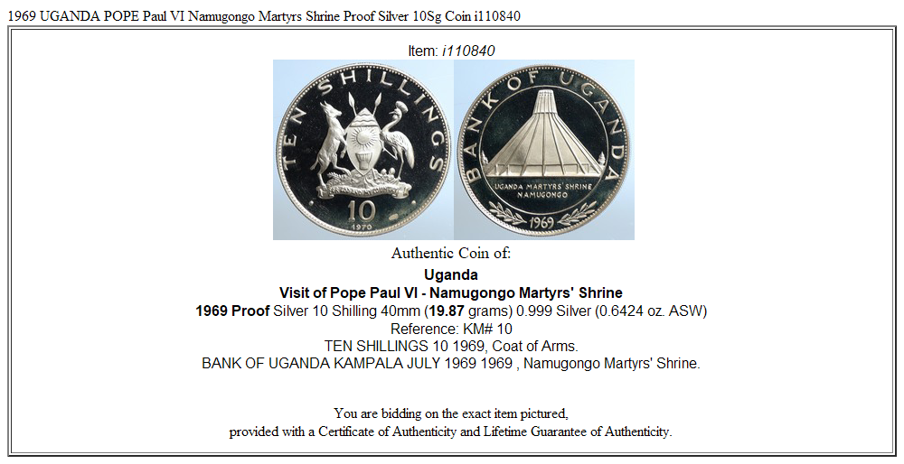 1969 UGANDA POPE Paul VI Namugongo Martyrs Shrine Proof Silver 10Sg Coin i110840