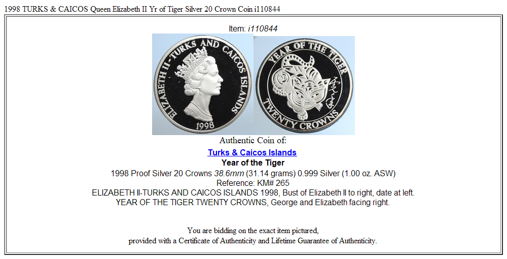 1998 TURKS & CAICOS Queen Elizabeth II Yr of Tiger Silver 20 Crown Coin i110844