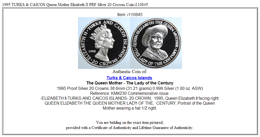 1995 TURKS & CAICOS Queen Mother Elizabeth II PRF Silver 20 Crowns Coin i110845