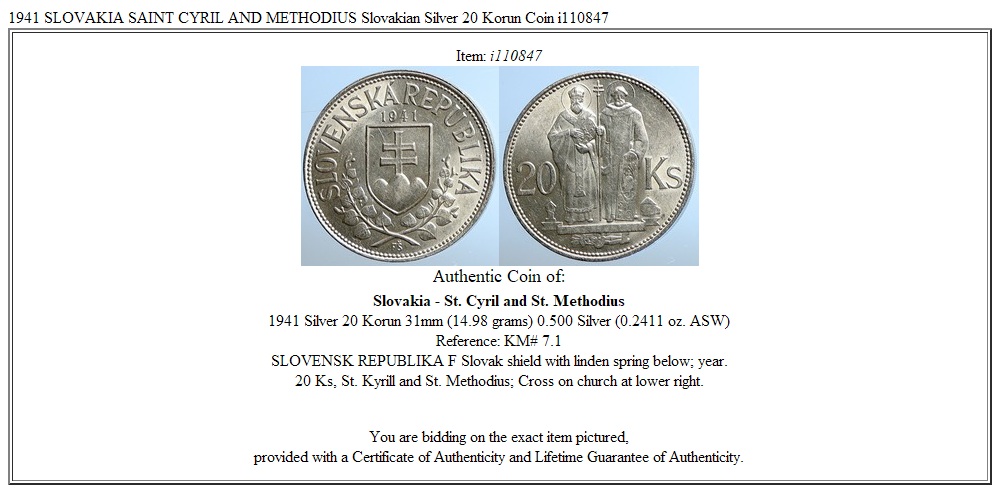 1941 SLOVAKIA SAINT CYRIL AND METHODIUS Slovakian Silver 20 Korun Coin i110847