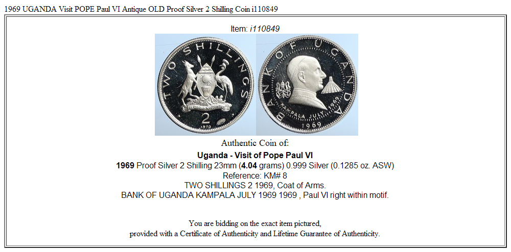 1969 UGANDA Visit POPE Paul VI Antique OLD Proof Silver 2 Shilling Coin i110849