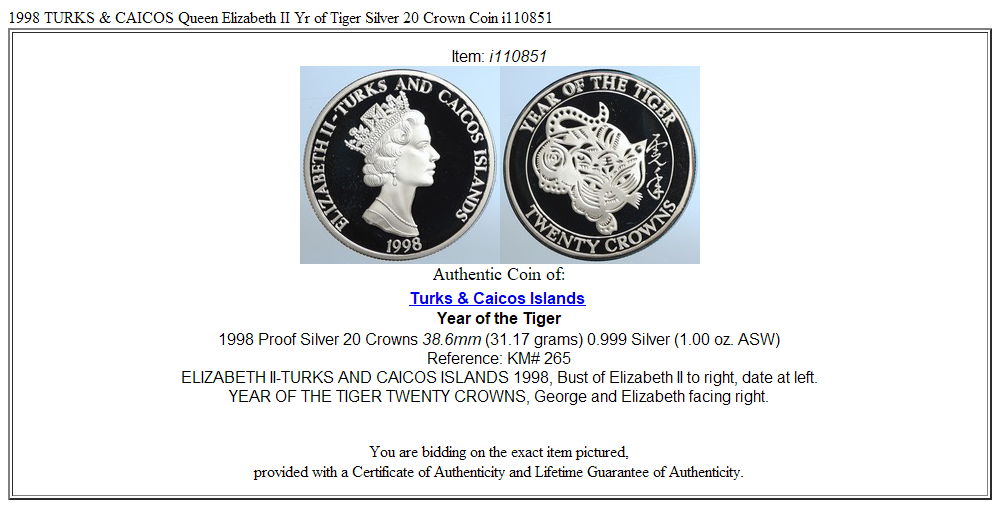 1998 TURKS & CAICOS Queen Elizabeth II Yr of Tiger Silver 20 Crown Coin i110851