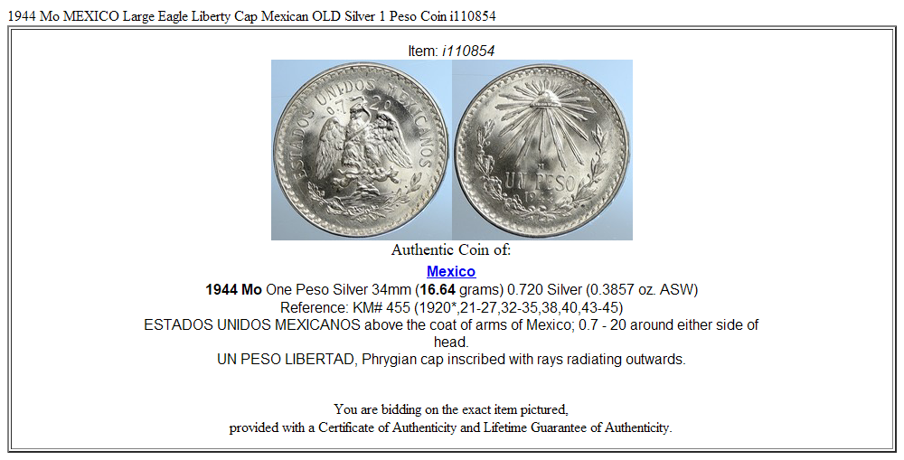 1944 Mo MEXICO Large Eagle Liberty Cap Mexican OLD Silver 1 Peso Coin i110854