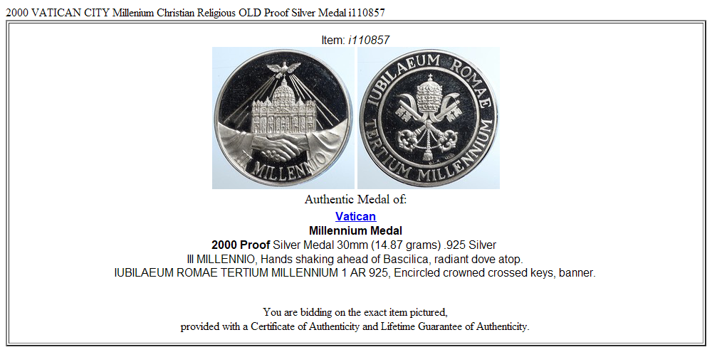 2000 VATICAN CITY Millenium Christian Religious OLD Proof Silver Medal i110857