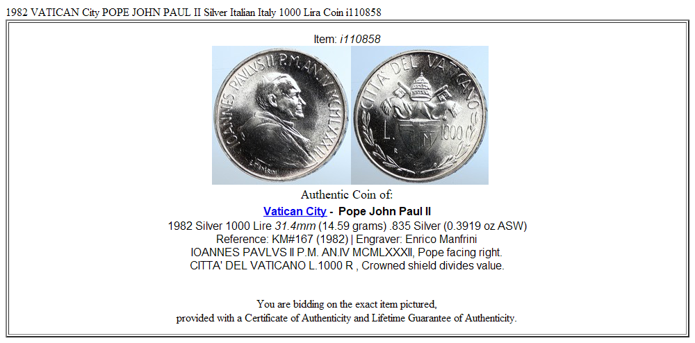 1982 VATICAN City POPE JOHN PAUL II Silver Italian Italy 1000 Lira Coin i110858