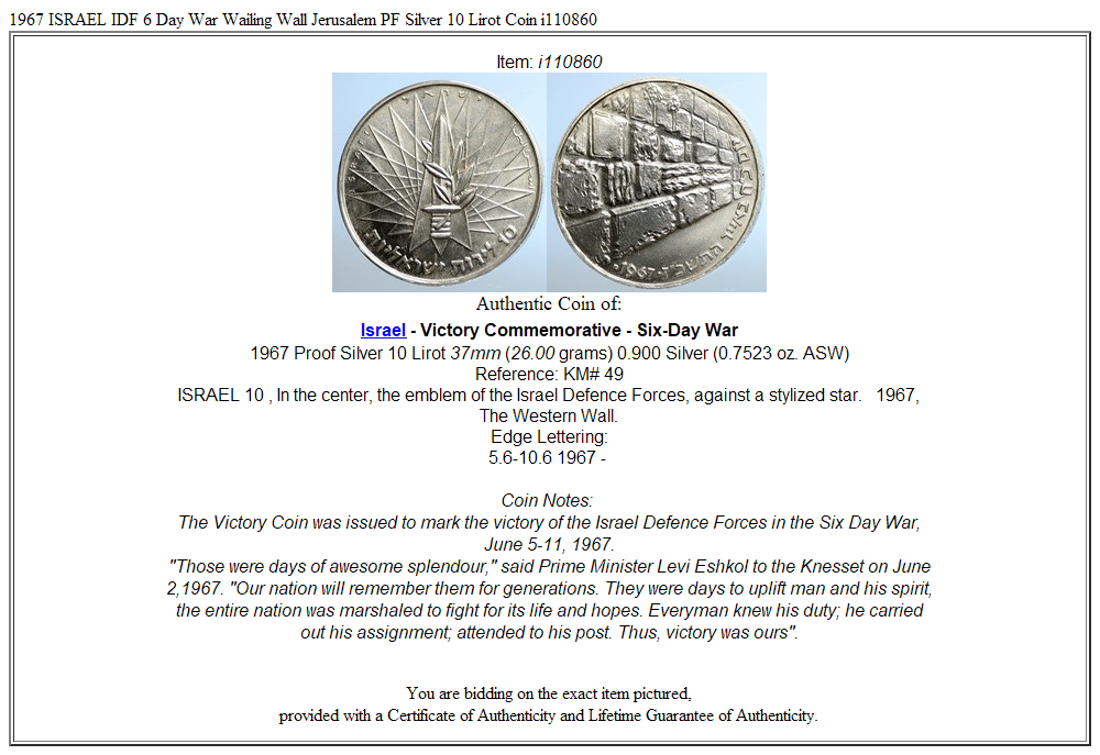 1967 ISRAEL IDF 6 Day War Wailing Wall Jerusalem PF Silver 10 Lirot Coin i110860