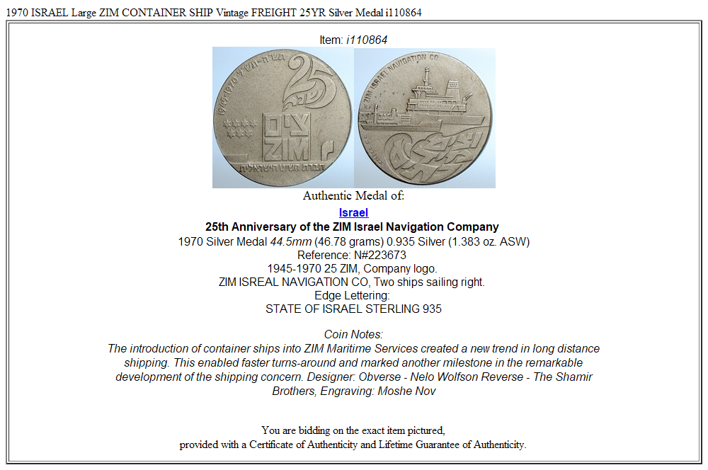 1970 ISRAEL Large ZIM CONTAINER SHIP Vintage FREIGHT 25YR Silver Medal i110864