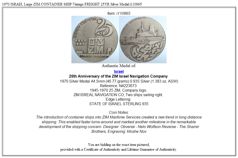 1970 ISRAEL Large ZIM CONTAINER SHIP Vintage FREIGHT 25YR Silver Medal i110865