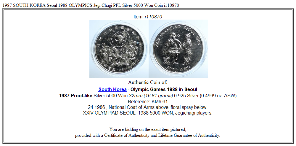 1987 SOUTH KOREA Seoul 1988 OLYMPICS Jegi Chagi PFL Silver 5000 Won Coin i110870