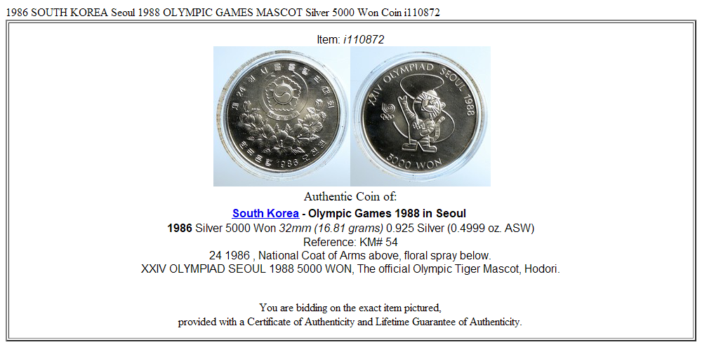 1986 SOUTH KOREA Seoul 1988 OLYMPIC GAMES MASCOT Silver 5000 Won Coin i110872