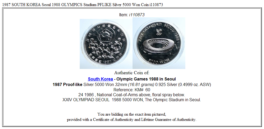 1987 SOUTH KOREA Seoul 1988 OLYMPICS Stadium PFLIKE Silver 5000 Won Coin i110873