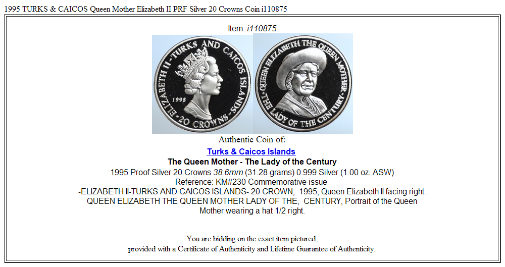 1995 TURKS & CAICOS Queen Mother Elizabeth II PRF Silver 20 Crowns Coin i110875