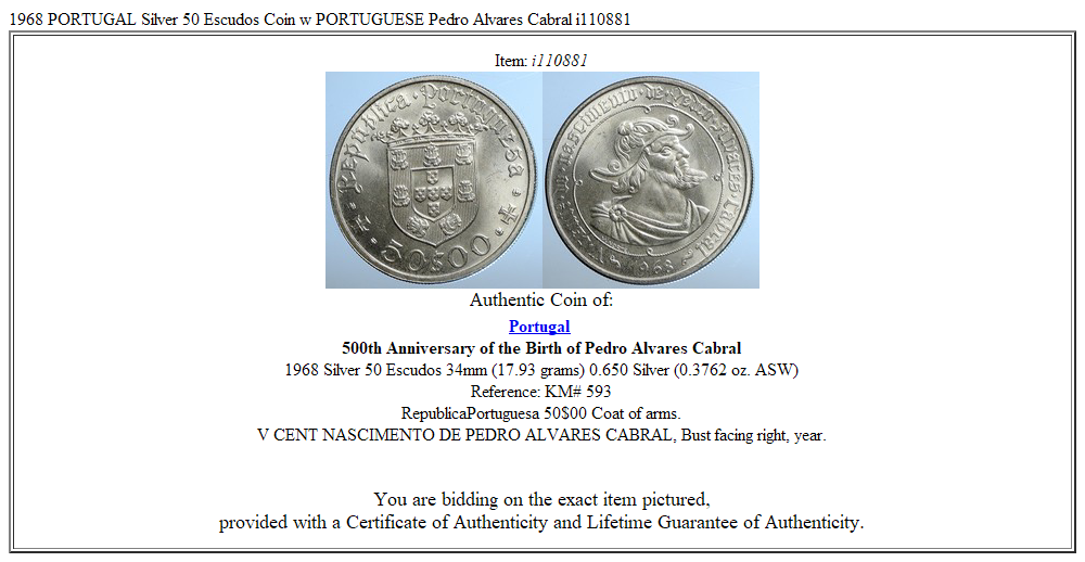 1968 PORTUGAL Silver 50 Escudos Coin w PORTUGUESE Pedro Alvares Cabral i110881